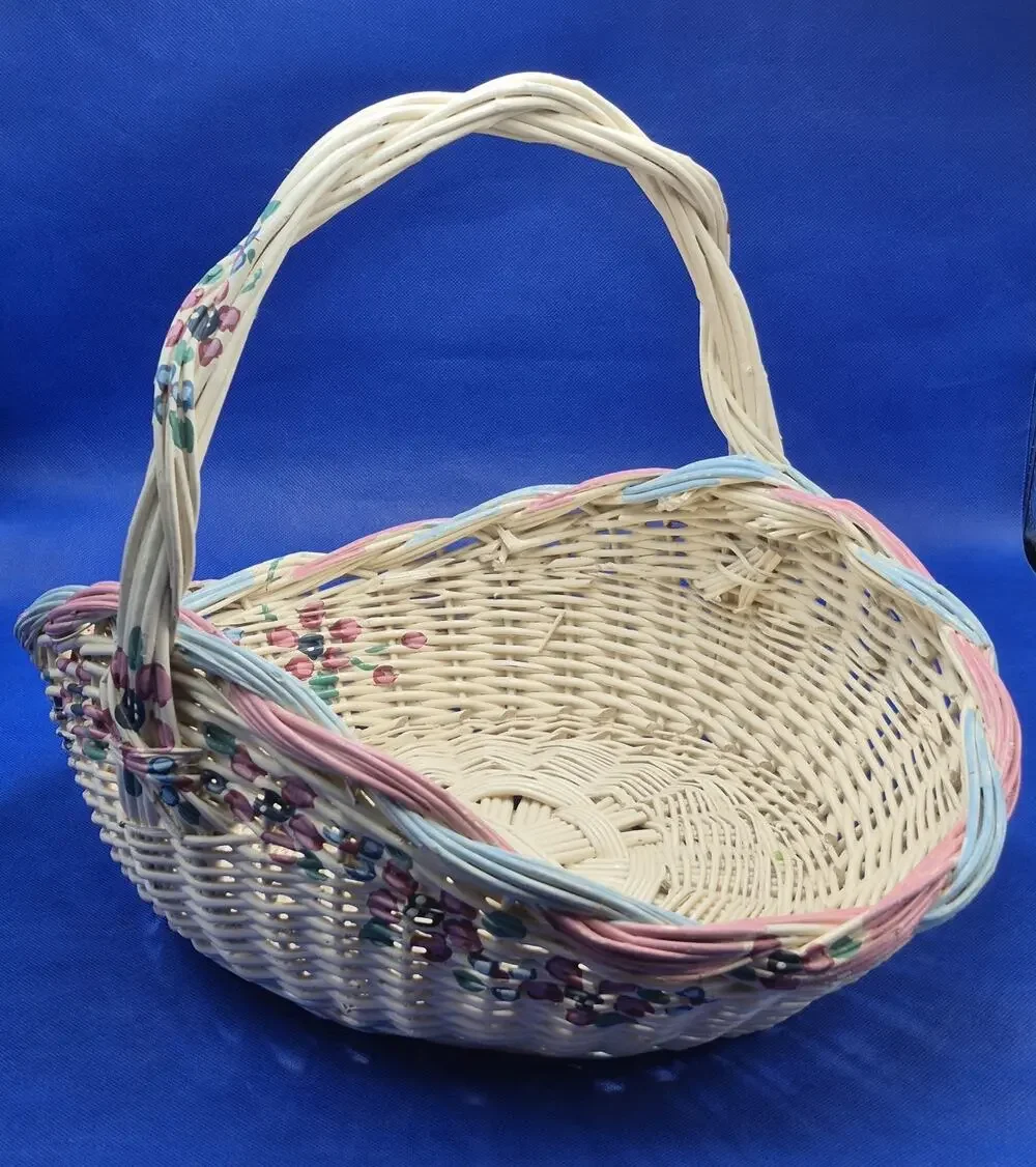 Vintage White Handpainted Floral Wicker Basket w/Handle 17x13x13